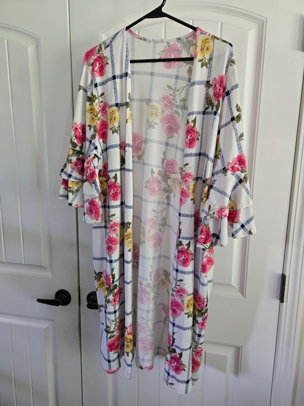 ODDY Floral Plaid Longline Kimono Cardigan Duster Ruffled Sleeve White Pink XL